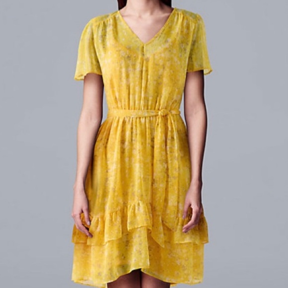NEW Simply Vera Wang Dress Women’s Size Large Yellow Floral Midi Tiered Ruffles - Picture 2 of 10